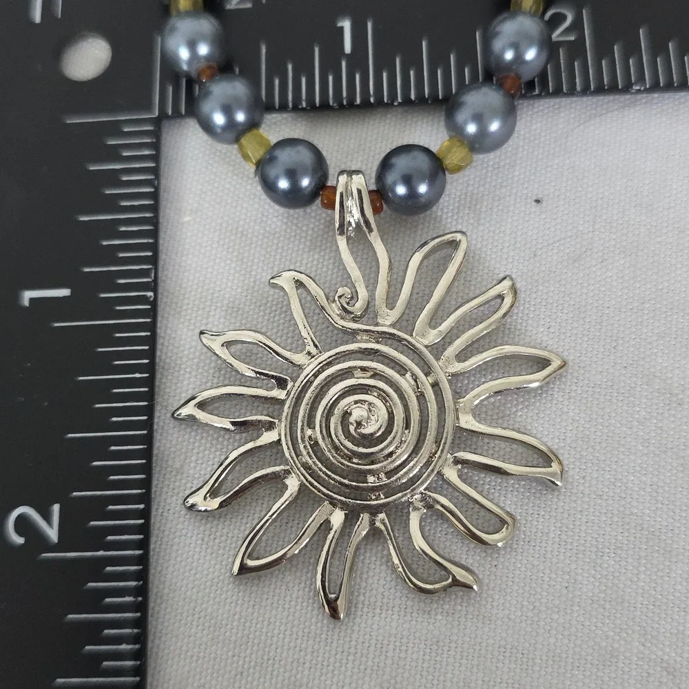Natural Stone Hematite Necklace with Sun Pendant and Earrings Set